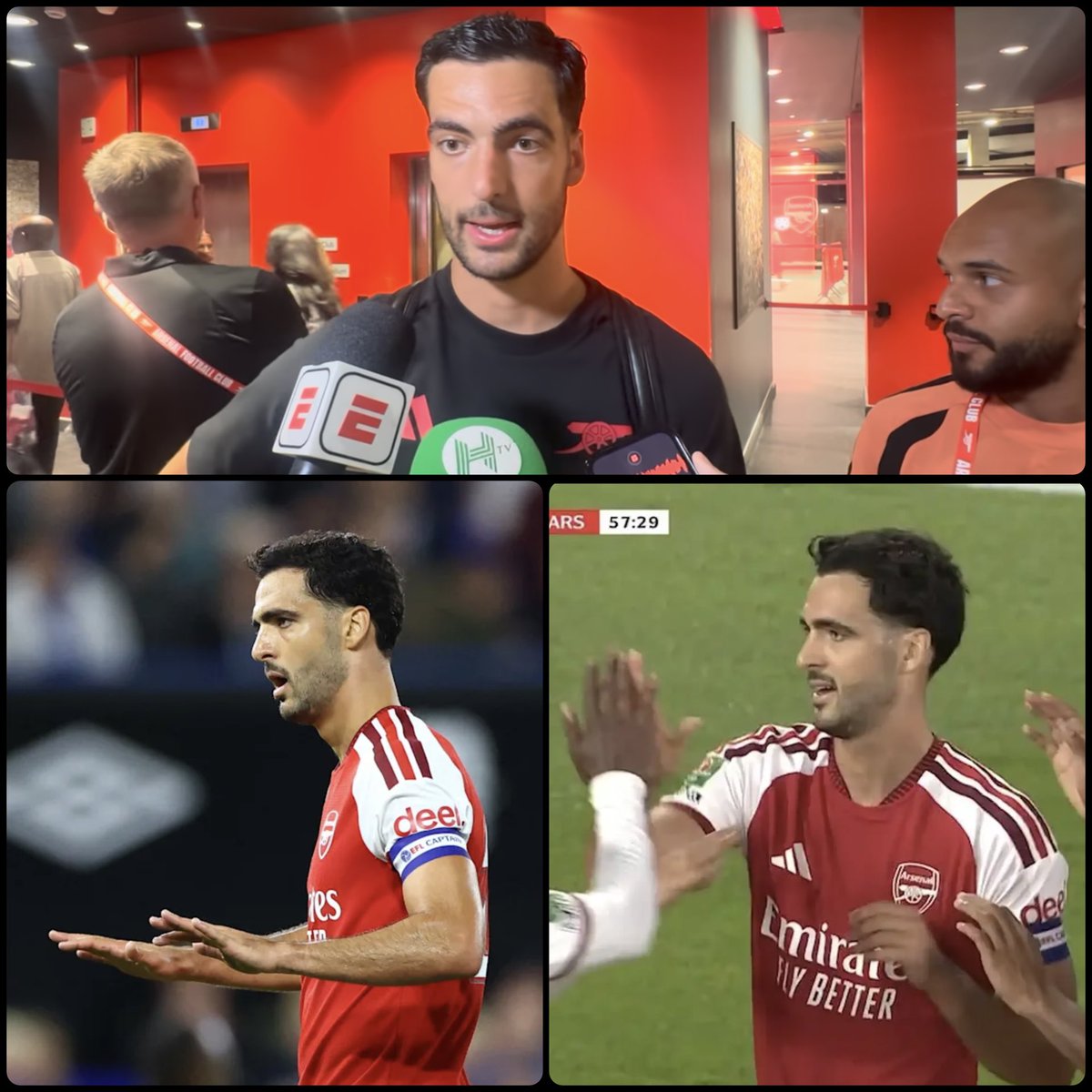 Arsenalnewschan's tweet photo. 🗣️Mikel Merino on how much it meant to him to captain #Arsenal in our win over Ipswich in the EFL Cup last night: “It's a huge honour. I'm so proud, and to represent this club in this way, wearing the armband - many legends have done it before me. To me it's happiness and I try to do the best thing I can to represent this club, and I know how big it is to wear the armband, so I'm really happy." 🇪🇸 ❤️