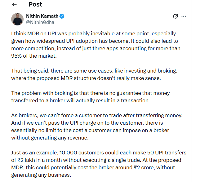 CNBCTV18Live's tweet photo. #UPIMDR | #Zerodha’s Nithin Kamath says a small MDR of 0.02%, capped at ₹5-10 per transaction, would be more reasonable for broking than a cap as high as ₹300. 

He further adds that the bigger concern is cost of #UPI transfers where no trade takes place, warning that brokers may not be able to absorb such costs indefinitely

#UPIPayments #NithinKamath #DigitalPayments #UPIMDR #Brokers