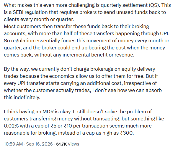 CNBCTV18Live's tweet photo. #UPIMDR | #Zerodha’s Nithin Kamath says a small MDR of 0.02%, capped at ₹5-10 per transaction, would be more reasonable for broking than a cap as high as ₹300. 

He further adds that the bigger concern is cost of #UPI transfers where no trade takes place, warning that brokers may not be able to absorb such costs indefinitely

#UPIPayments #NithinKamath #DigitalPayments #UPIMDR #Brokers