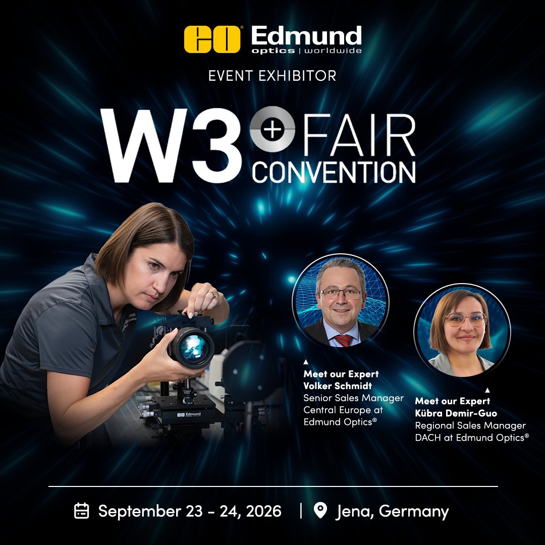 EdmundOptics's tweet photo. Meet us at #W3Fair Jena on Sept. 24! Talk #Photonics, #OpticalCoatings and #NewSpace with Volker &amp; Kübra, and join our expert talks on tunable bandpass filters and lightweight aluminium mirrors. Bring your next optical challenge, we’d love to discuss it in Jena! https://t.co/1AP9idbCJL