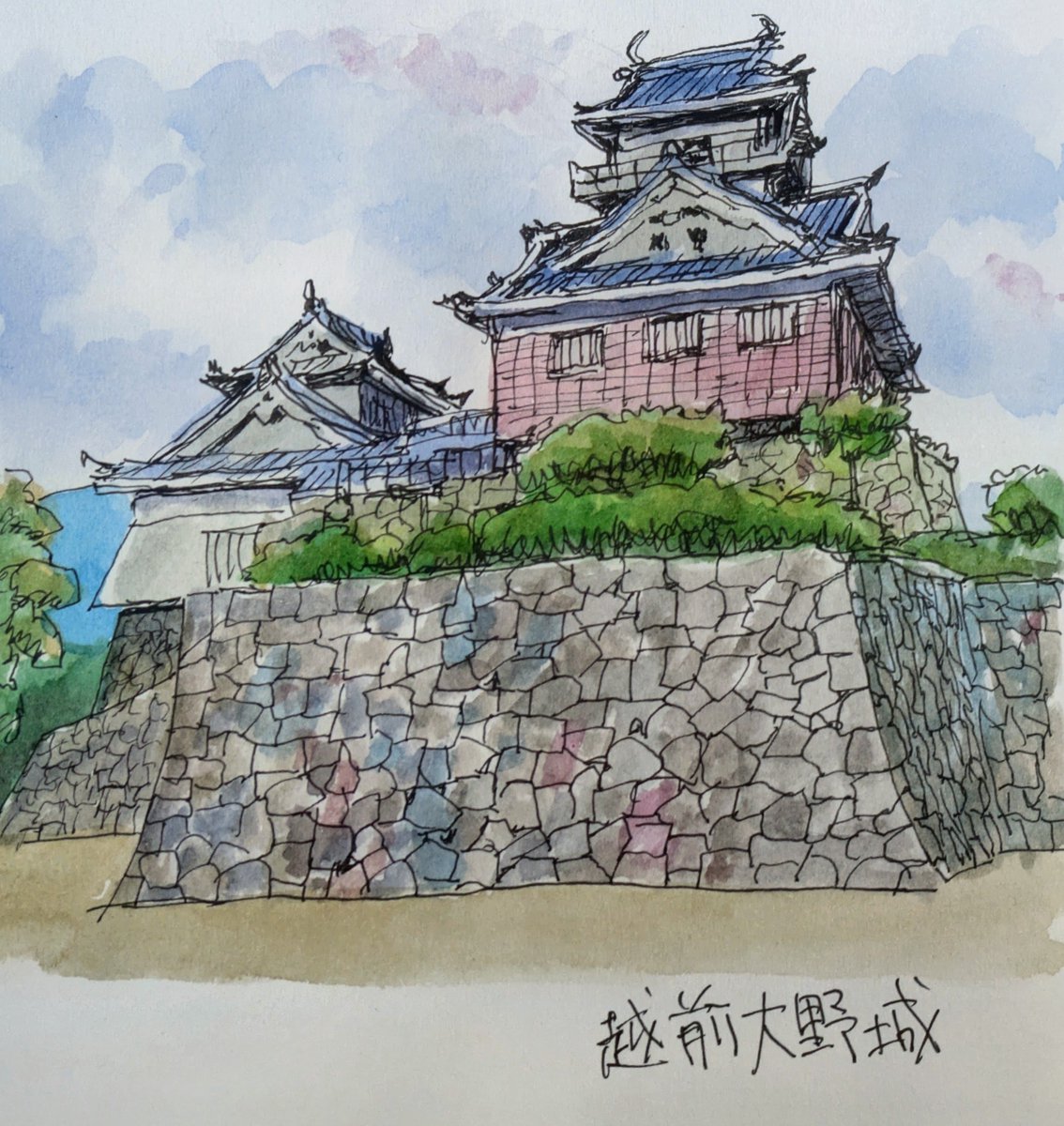 kayak888hm's tweet photo. 前に行った福井の越前大野城を描いてみた。街なかの小高い山の上にある小ぶりの天守だが雰囲気があっていい。近くで食べた蕎麦が美味しかった。ピグマペンに着彩。
ターレンスのアートクリエイションスケッチブック12×12。 https://t.co/tgC6ZVYzWW