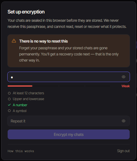 AileLabs's tweet photo. At https://t.co/2ElgcetLVN, there’s no chat history to browse. Conversations are encrypted, so no one can sniff or access your chats.

Lose your phrase, and your chat is gone.

Privacy first. Built in $AILE. https://t.co/KEivf0luPT