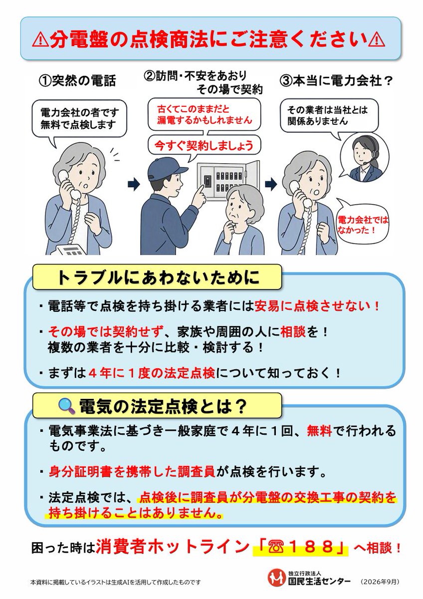 kokusen_ncac's tweet photo. 【 発表情報 】
分電盤の点検商法にご注意ください。
法定点検では調査員がその場で交換工事の契約を持ち掛けることはありません。
分電盤の交換を勧誘されてもその場で契約しない！
https://t.co/iF5KOpxJen
困った時は、一人で悩まず、まず相談！
消費者ホットライン「１８８」にお電話を https://t.co/gvl0tIfoNX