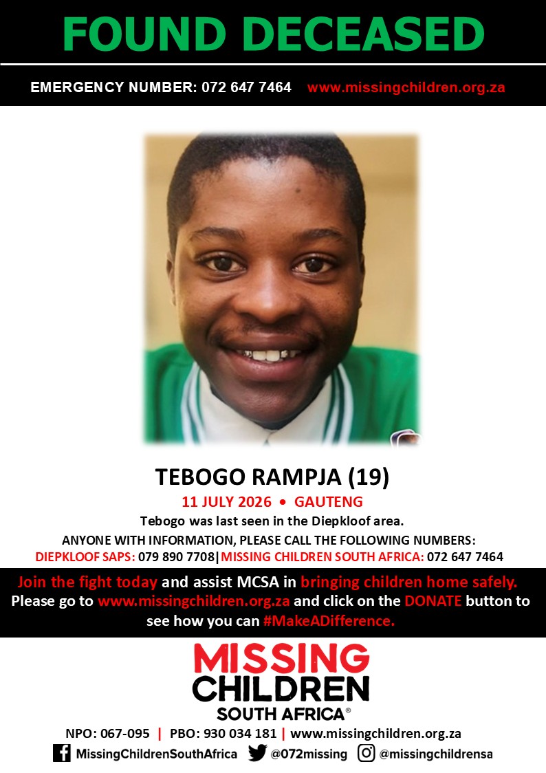 072MISSING's tweet photo. #MCSAFound 

We are deeply saddened to inform you that Tebogo Rampja has been found deceased. Our sincere condolences to his family and friends. https://t.co/QPzTel6Onu