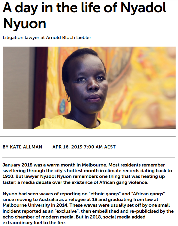 NoticerNews's tweet photo. Reminder that in 2018 Sudanese refugee lawyer Nyadol "there is no White culture" Nyuon, while working for law firm Arnold Bloch Liebler, was heavily involved in a campaign by ethnic minority lobby groups to force the police and the media to stop talking about African gang crime.

As a result, Victoria Police stopped releasing statistics on the nationality of offenders, and along with a compliant corporate media started gaslighting the public by claiming that African gangs didn't exist (just like White culture).

Earlier this year Victoria Police gave up in the face of non-stop African gang machete attacks, and admitted there were dozens of gangs with hundreds of members committing thousands of violent crimes.

We still don't have good data on criminal offences, but we do know that youths of African background make up 50% of the young people in custody despite being about 0.5% of the population.