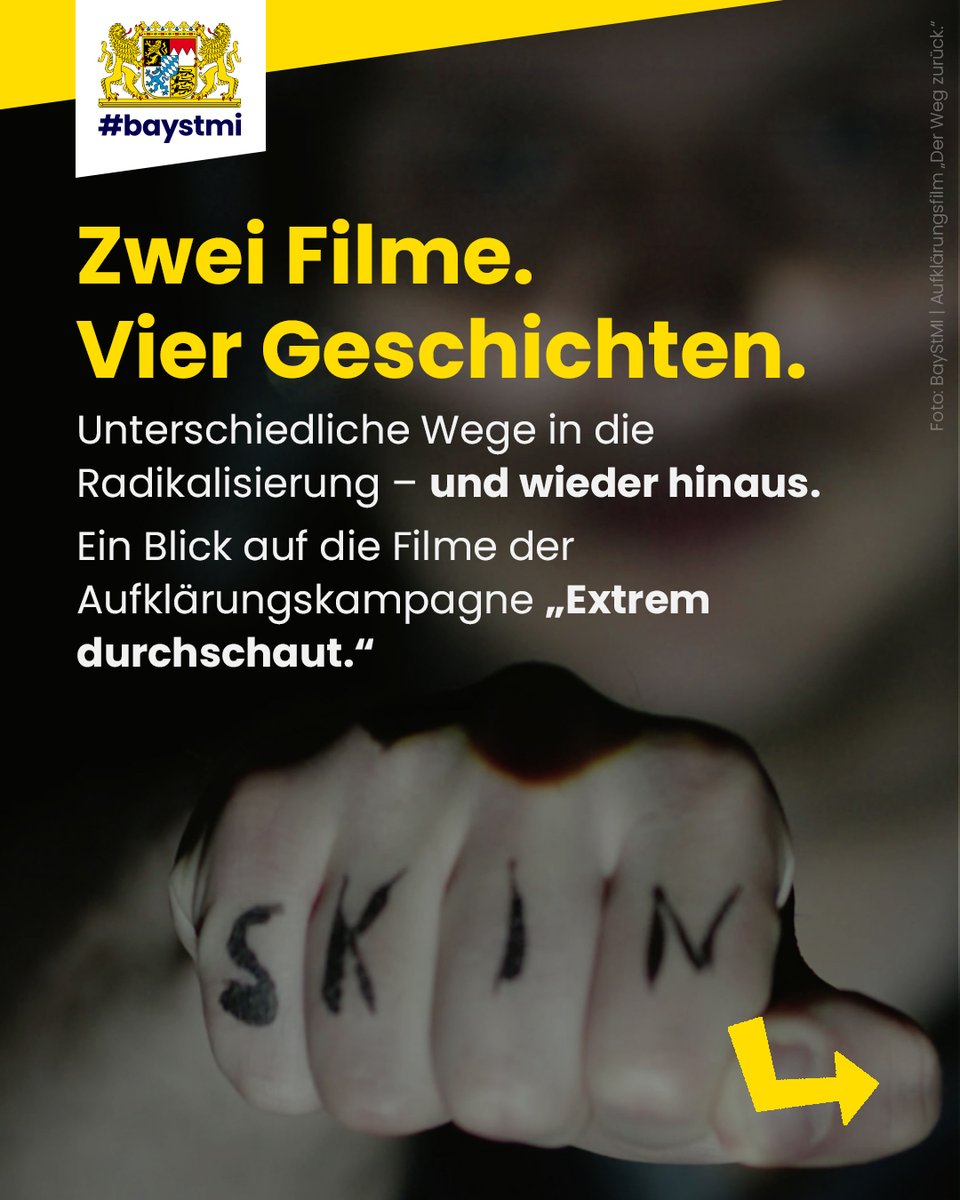 BayStMI's tweet photo. 🎬 Zwei Filme, vier Geschichten: „Der Weg zurück“ erzählt von Radikalisierung, Zweifeln und dem Mut zum Ausstieg. Die Erfahrungen realer Aussteiger werden anonymisiert und von Schauspielern nacherzählt. Premiere: 24.9.2026. 🔎 Mehr Informationen unter 👉🏼 https://t.co/Ve4mVKmXTP https://t.co/aDT6ADE7nx