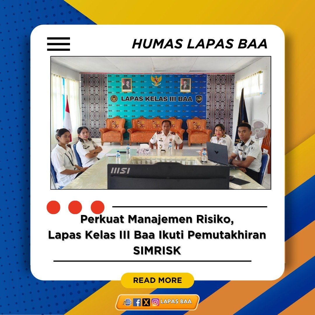 lapasbaa's tweet photo. Perkuat Manajemen Risiko, Lapas Kelas III Baa Ikuti Pemutakhiran SIM-RISK 

Selengkapnya : https://t.co/mi7VEEXr38 https://t.co/w7OrFQQ29j