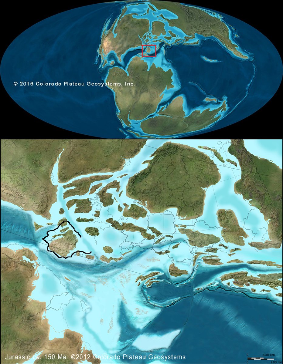 IGeociencias's tweet photo. En el Jurásico superior comenzó la apertura del Atlántico Norte. La Península estaba dominada por el Macizo Ibérico emergido, rodeado por mares someros. Conexiones terrestres temporales y archipiélagos actuaban como corredores ecológicos, facilitando la migración de fauna. https://t.co/izJoJ9apO3