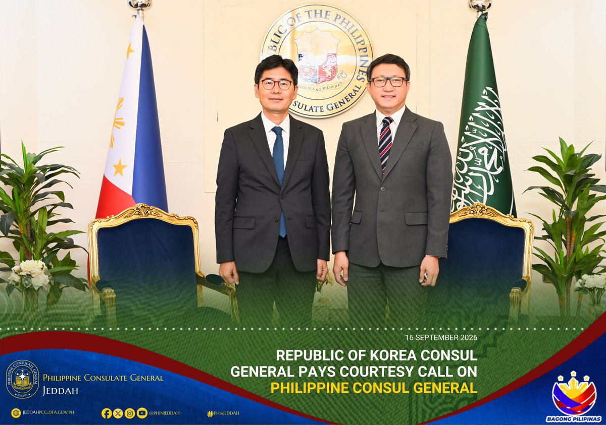 PHinJeddah's tweet photo. Consul General Rommel Romato welcomed Republic of Korea Consul General Dae Hwan Kim to the Philippine Consulate General in Jeddah for a courtesy call.

The two officials exchanged views on strengthening Philippines–Republic of Korea ties and cooperation.

#PHinJeddah https://t.co/X5quqQdu6Y