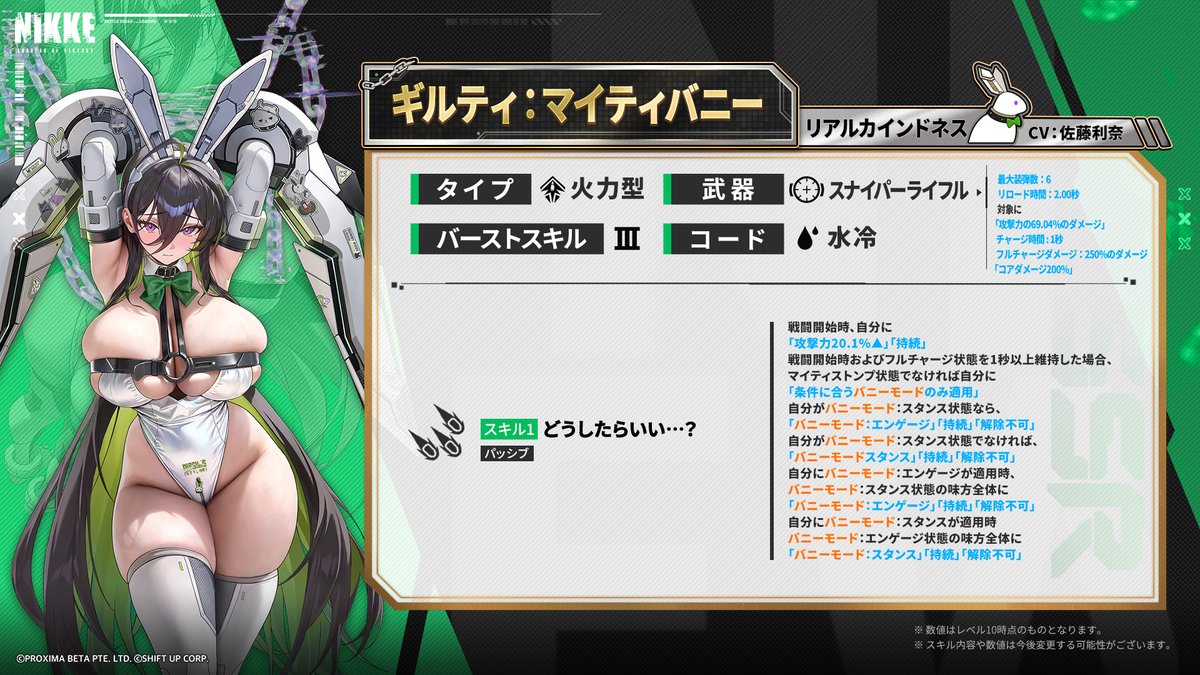 NIKKE_japan's tweet photo. 【ニケモーション紹介】
ギルティ：マイティバニー(CV：佐藤利奈)

◆使用武器
スナイパーライフル「ランブルストンパー」
  
◆スキル
自身の攻撃力を強化して戦う火力型。
バーストスキル発動時は、強力な一撃で敵に大ダメージを付与。

※戦闘動画はテスト環境で撮った内容であり、実際の内容はゲーム内をご参照ください。
※数値はレベル10時点のものとなります。
※スキル内容や数値はポスト投稿時点の参考であり、今後変更する可能性が���ざいます。
※画像が綺麗に表示されない場合は、長押しして「高画質で読み込む」を選択すると、高画質版で確認することができます。

#ギルティマイティバニー