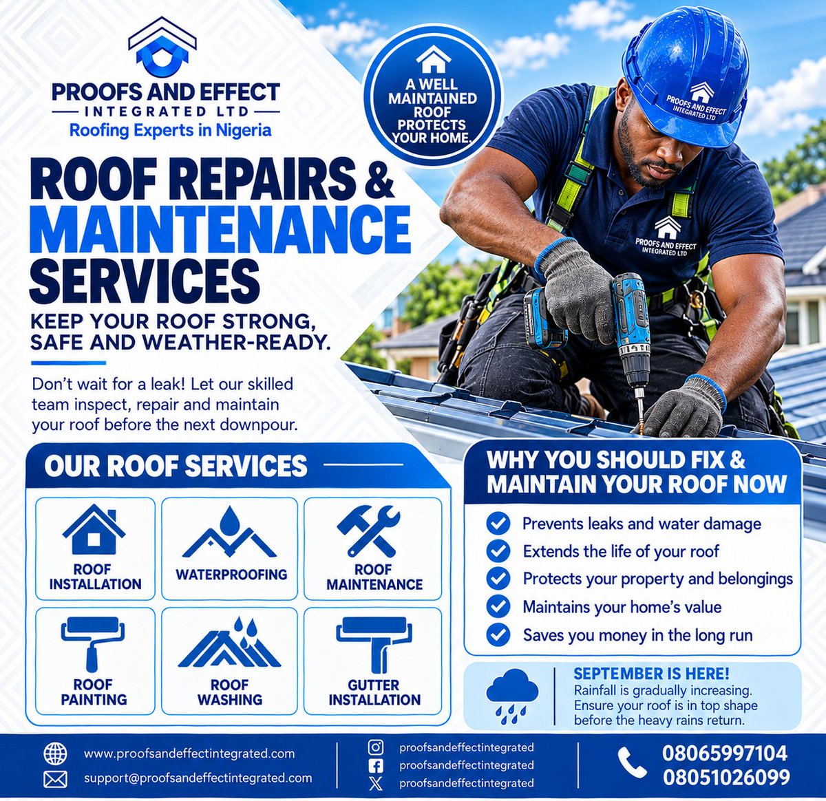 proofsandeffect's tweet photo. 🌧️ RAIN IS COMING — DON’T WAIT FOR THE LEAK! 🏠

A strong roof protects everything beneath it. As rainfall gradually increases this September, now is the right time to repair, inspect and maintain your roof before small issues become costly damage.

🔧 Roof Repairs &amp; Maintenance https://t.co/auDDIOUPQz