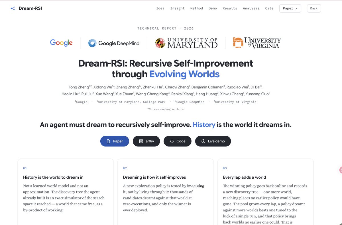 MaxForAI's tweet photo. 卧槽，Google 和 Google DeepMind 最新放出了一篇很有意思的论文：Dream-RSI。

全称就是 Recursive Self-Improvement through Evolving Worlds，讲的是RSI（递归自我改进）。

但它做 RSI 的方式，和我们过去想象的不太一样。模型没有自己训练模型，也没有修改自己的权重，而是开始修改自己的「探索策略」。

简单来说，Agent 每次执行任务，都会留下完整的探索历史：试过哪些方案、哪些失败了、哪个分支效果最好、花了多少计算。

Dream-RSI 会把这些历史直接做成一个 Replay Simulator，然后让 Agent 在里面不断「做梦」：如果当时先走另一个分支呢？如果多开几个并行任务呢？如果这个方向早点停掉呢？

关键是，历史里的结果都已经算过了，所以这些实验根本不用重新调用 Coding Agent 和 Evaluator。

一次昂贵的真实探索，可以拿来做成千上万次几乎零执行成本的策略实验。

找到更好的策略之后，再把它部署回真实世界，于是就形成了一个完整循环：

探索 → 积累历史 → 做梦 → 改进 Policy → 再探索 → 再做梦。

一个 RSI Loop 就这么闭上了。

效果也很好啊，在 GPU Kernel 任务里，VGG16 和 LayerNorm 达到类似性能，分别少用了 2.43× 和 1.79× generations；
ConvDiv 和 ConvMax 在相近预算下，性能分别提高了 2.09× 和 1.44×。

还有一个实验我觉得特别有意思。

他们也试过更传统的办法：把过去探索得到的经验总结出来，直接塞回 Prompt 里指导下一轮，结果反而更差。

因为这些总结出来的「经验」很容易变成偏见，让 Agent 过早集中在某几个看起来正确的方向上，反而损失了探索的多样性。

所以这篇论文真正值得关注的地方，是它展示了另一条 RSI 路线：

模型不一定要先学会修改自己的权重，Agent 可以先学会修改自己的 Harness。

怎么搜索、开多少分支、什么时候继续、什么时候放弃、计算资源怎么分配，这些过去由人类工程师设计的东西，现在也开始进入 Agent 自己的优化循环。

底层还是同一个模型，但它开始自己研究：到底怎么用自己，才能变得更强。