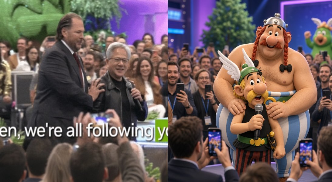 Robin__VD's tweet photo. Watching @Dreamforce and I can't unsee it.
@Benioff fell into the CRM cauldron as a baby.
@JensenHuang  drinks the magic potion by the rack.
Asterix &amp; Obelix, AI edition.
Rome never stood a chance. Neither does the SaaSpocalypse. https://t.co/Fg8FEfekr2