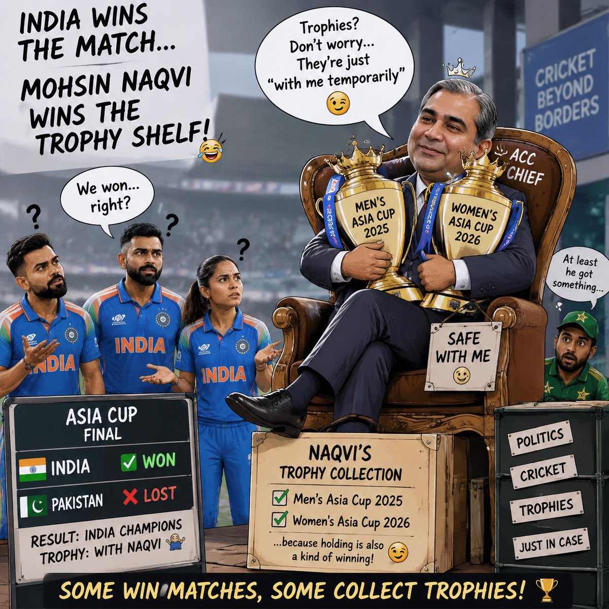 RaamLoveKush's tweet photo. What a unique cricket record! India won the cup, but Mohsin Naqvi managed to keep the trophy longer than any winning captain.
#EmergencyLanding
@dharmic_indians https://t.co/8ZD2BATBsz