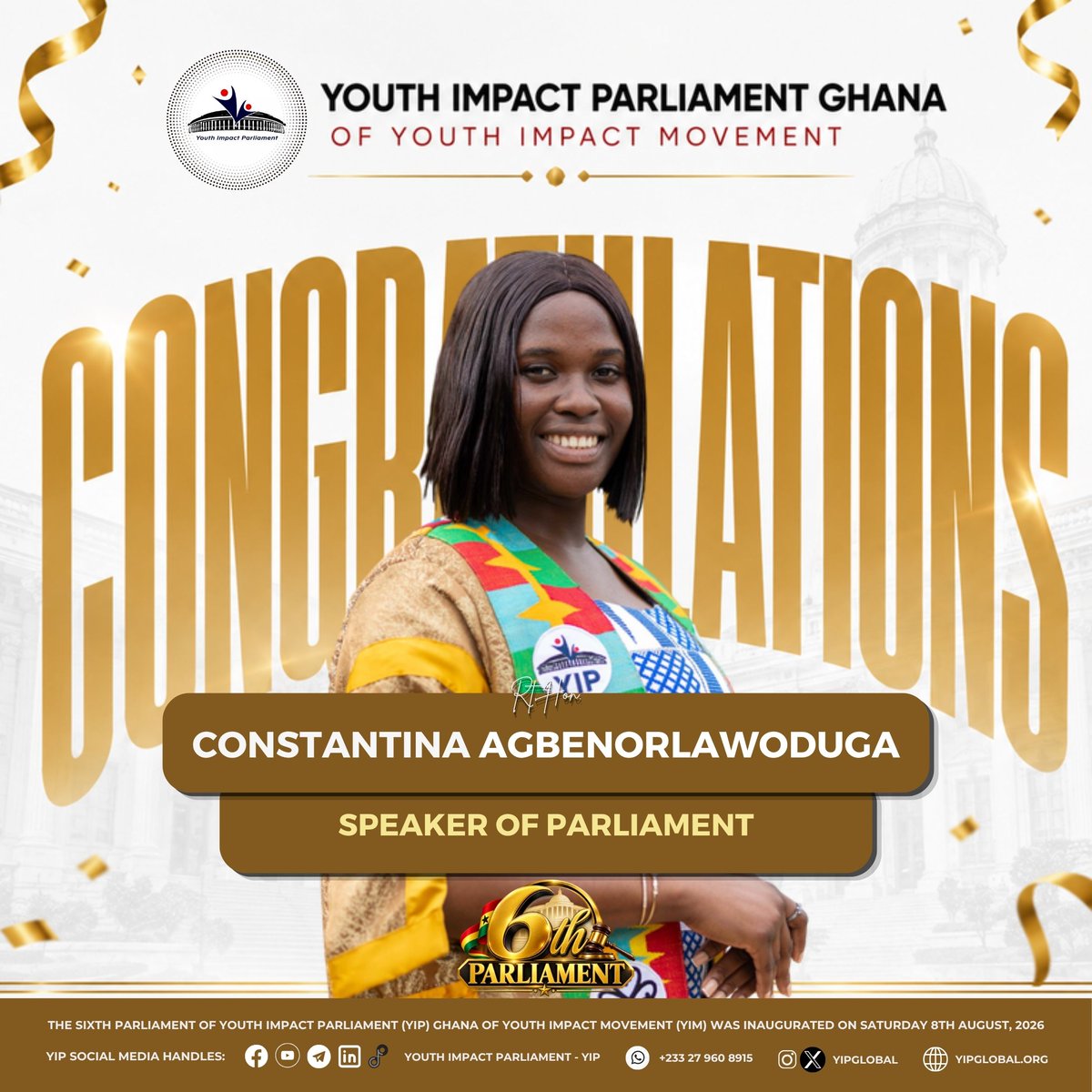 yipglobal's tweet photo. 📝 CONGRATULATIONS, MADAM SPEAKER!

We proudly congratulate Madam Speaker on assuming office as Speaker of Parliament of the Sixth Parliament of the Youth Impact Parliament Ghana.

We wish you a successful tenure as you provide strong leadership to the House

#LeadershipInAction https://t.co/jGvP8Bkld3