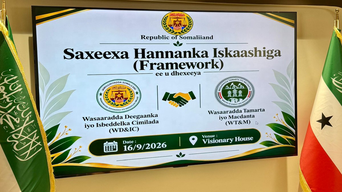 SLMoEM's tweet photo. 𝐒𝐢𝐠𝐧𝐢𝐧𝐠 𝐨𝐟 Environmental Management Framework between Somaliland’s Ministries of Energy &amp; Minerals and Environment &amp; Climate Change to strengthen environmental protection and climate action.

#SomalilandMoEM 
#EnvironmentalProtection 
#ClimateAction 
#Somalilandpeace. https://t.co/nRodu0h2gk