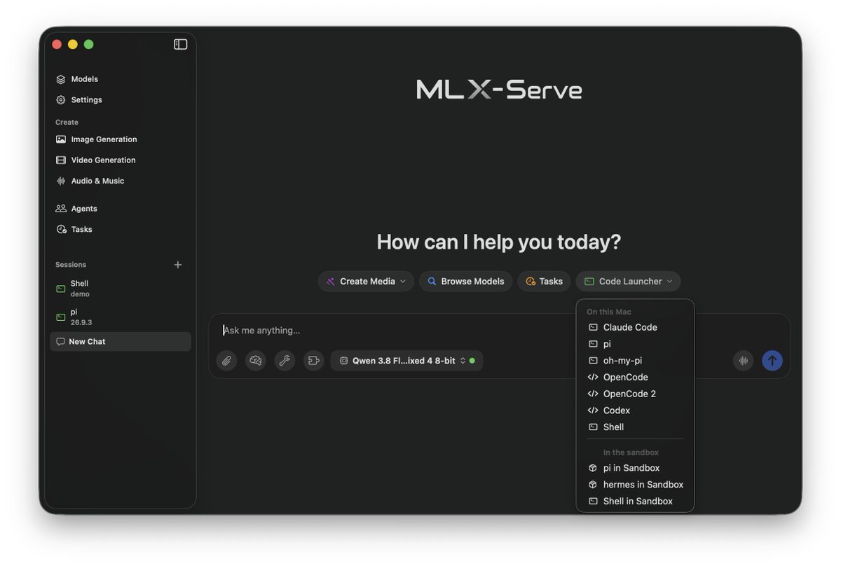 MLX-Serve 26.9.3 출시. Mac에서 로컬 모델을 구동하는 가장 빠른 엔진: LLM, 비디오, 이미지, 음성 클론, 음악 생성. 대표 이미지