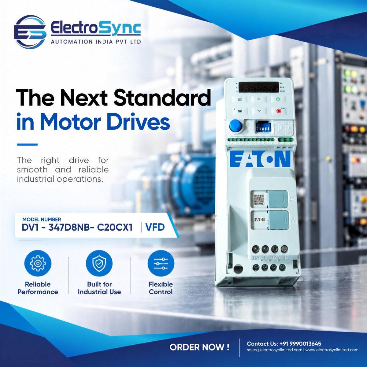 Electrosync2025's tweet photo. โ๏ธThe Eaton DV1 โ 347D8NB- C20CX1 VFD is designed for industrial applications where reliable performance and flexible control matter.
๐+91 9990013645
๐งsales@electrosynlimited.com
๐https://t.co/NGc27F6Yaj
#Eaton #VFD #VariableFrequencyDrive #MotorDrive #ElectroSyncAutomation https://t.co/KweZZaPmUc