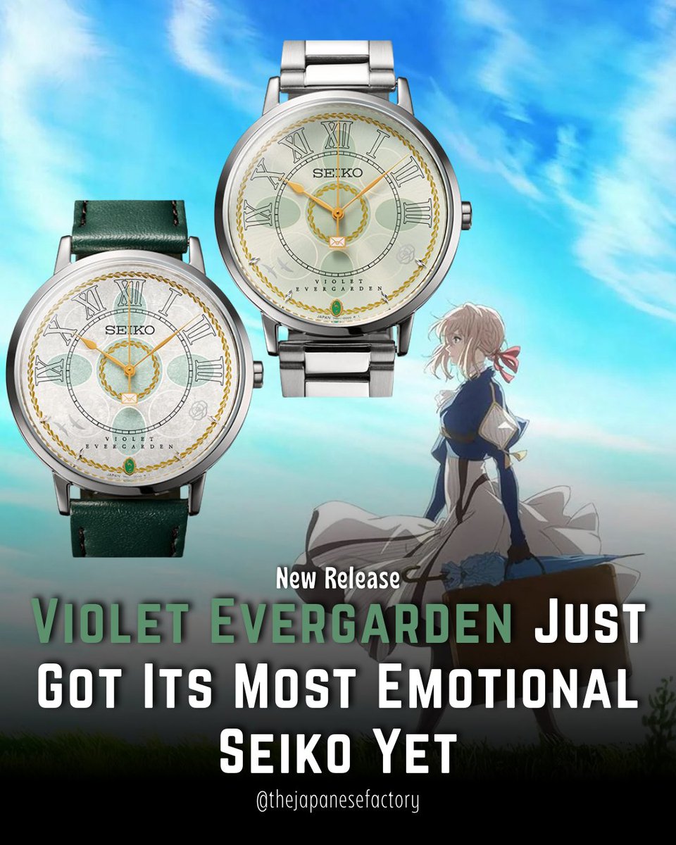 JPFactoryYT's tweet photo. Seiko just released an official Violet Evergarden memorial watch — two models, two dials, each reflecting a different tone from the 2019 spinoff film. Letter-shaped guarantee card. White collector's box. Japan-exclusive. Ships March 2027. We ship worldwide. https://t.co/WNdn7bCVOE