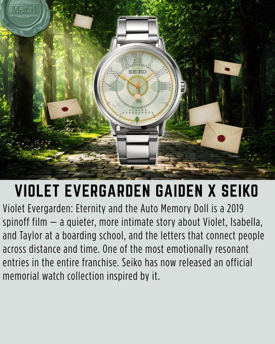 JPFactoryYT's tweet photo. Seiko just released an official Violet Evergarden memorial watch — two models, two dials, each reflecting a different tone from the 2019 spinoff film. Letter-shaped guarantee card. White collector's box. Japan-exclusive. Ships March 2027. We ship worldwide. https://t.co/WNdn7bCVOE