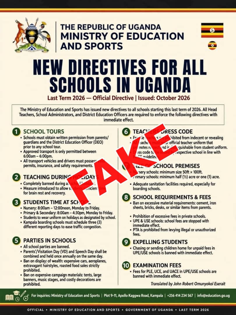 Educ_SportsUg's tweet photo. The Ministry of Education and Sports takes note of the misinformation circulating on social media about the new directives for the last Term 2026 for all Schools in Uganda. The public is kindly requested to stop circulating in any form such pieces of misinformation. https://t.co/MTp8ChKRtf