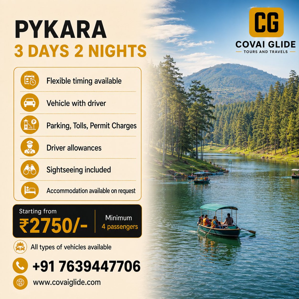 covaiglide's tweet photo. Pykara 3D/2N Tour from Coimbatore

₹2,750/person | Min. 4
✓ Private cab
✓ Up to 350 km
✓ Pykara • Ooty • Coonoor
✓ Pickup &amp; drop

→ https://t.co/kAsQjhYrSQ
#Pykara #CovaiGlide https://t.co/eOtSpSxBGK