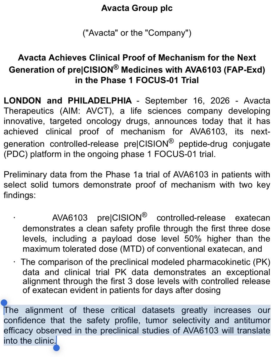 Blueberrymgmnt's tweet photo. “The comparison of the preclinical modeled pharmacokinetic (PK) data and clinical trial PK data demonstrates an exceptional alignment through the first 3 dose levels with controlled release of exatecan”

All we need to know. Phenomenal. #AVCT https://t.co/lJEpG2Btaf
