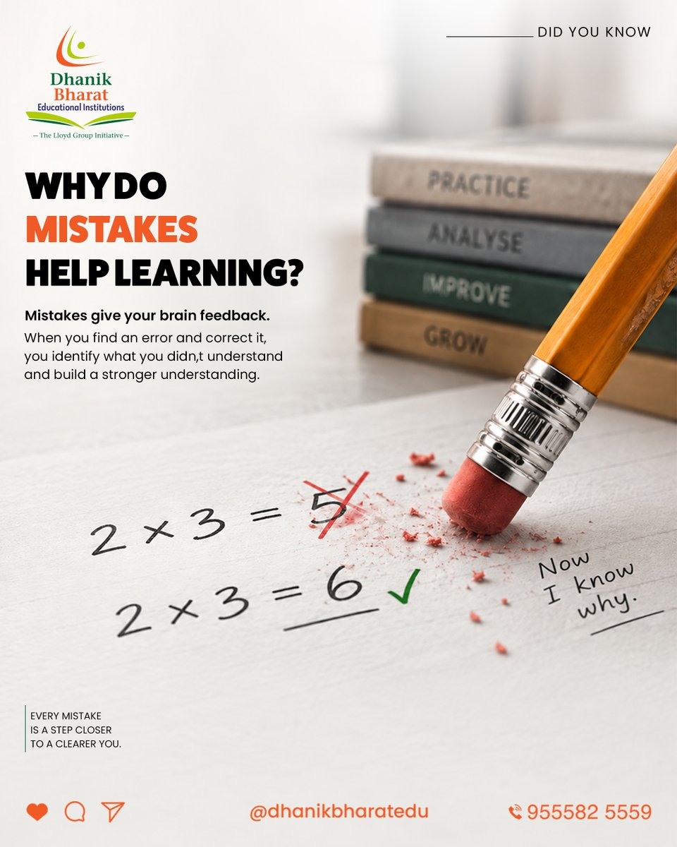 dhanikbharatedu's tweet photo. Mistakes help your brain learn.
When you identify an error and correct it, you understand what went wrong and build a stronger understanding.
Every mistake is a step closer to a clearer you. 🧠✏️
#growthmindset #learningfrommistakes https://t.co/8Gr0vOpGjK