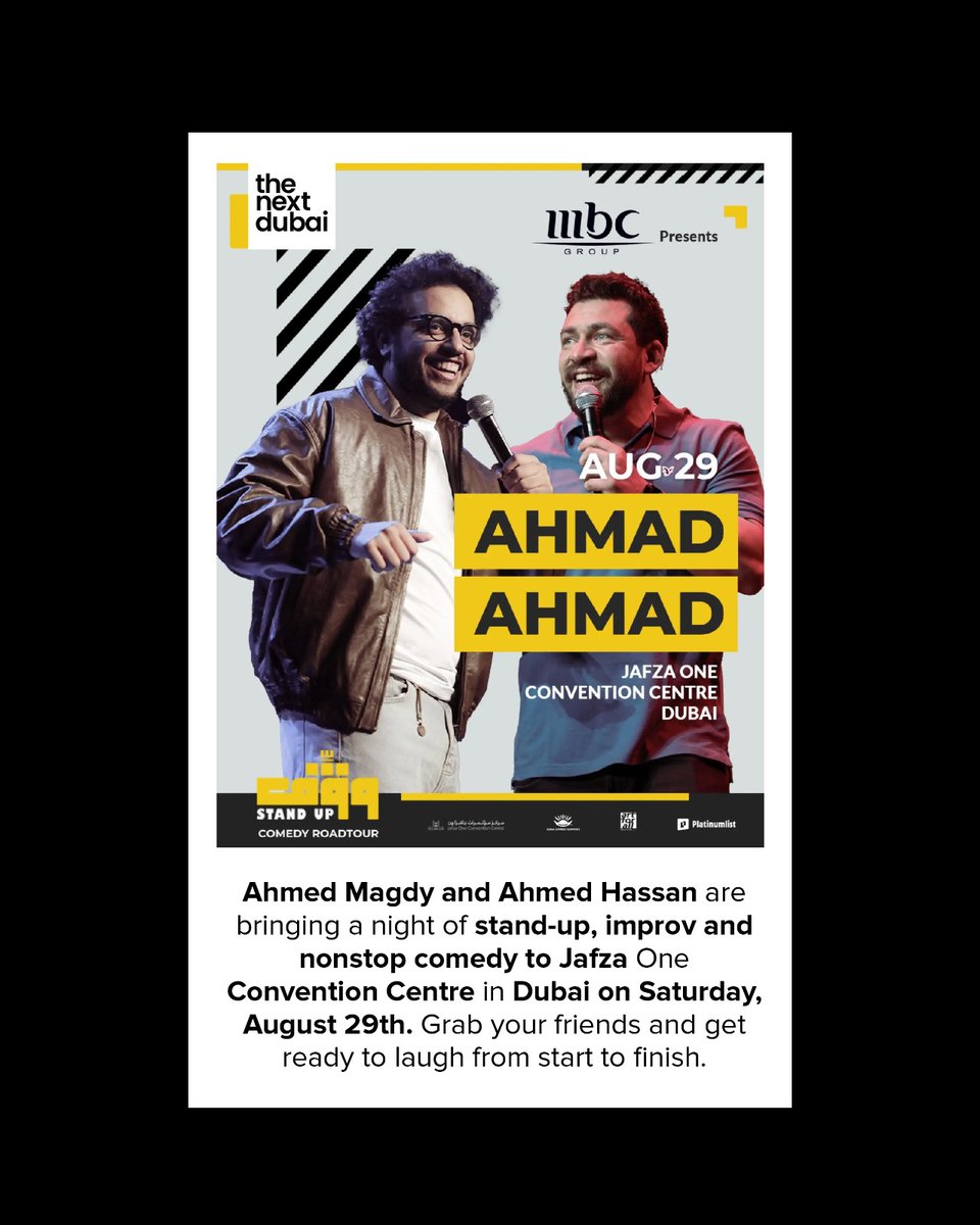 RobbinAltvjft's tweet photo. Two Ahmeds. One stage. One night of nonstop laughs! 😂🎤
Egyptian comedians Ahmed Magdy and Ahmed Hassan are bringing their sharp punchlines, relatable stories, and spontaneous audience interactions to Dubai. 📍 Meyana Theatre, Jumeirah Beach https://t.co/140kdRLZPM