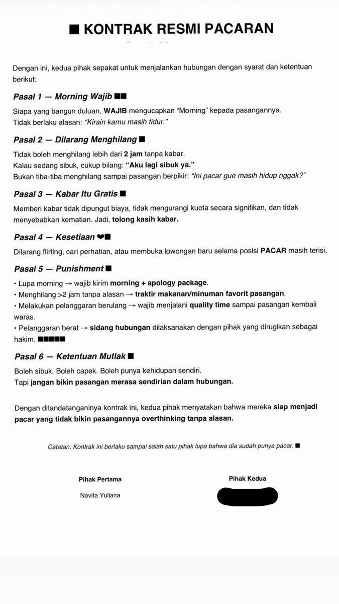 Novitayulianaaa's tweet photo. Okay, pacarku tidak melupakan Pasal 2 perjanjian kita😂😂 https://t.co/vLBunzq5tR