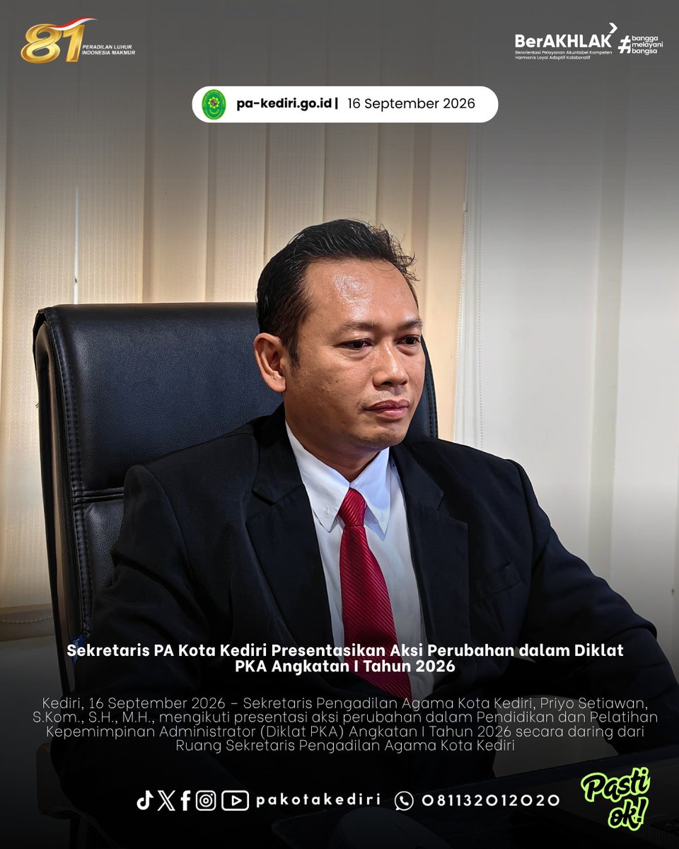 pakotakediri's tweet photo. caption : 
Sekretaris PA Kota Kediri Presentasikan Aksi Perubahan dalam Diklat PKA Angkatan I Tahun 2026

#PAKotaKediri #DiklatPKA #PKA2026 #SIMPATI #InovasiPelayanan #TransformasiDigital #PTSP #PelayananPublik #PengadilanAgamaKotaKediri https://t.co/E4sXZ3oXkF