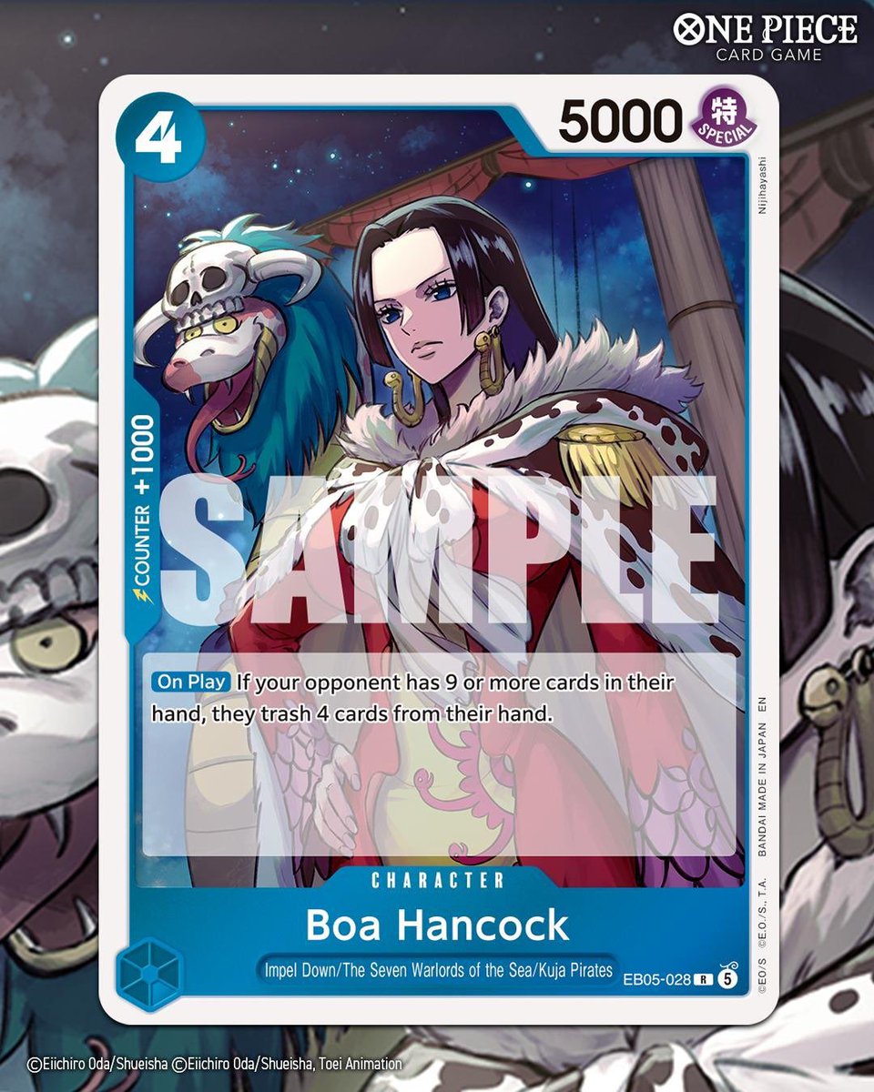 TTS_Utopiq's tweet photo. I’m really wondering if the new Boa will actually see much play.

How many decks in the current format can consistently stay above 9 cards in hand?

And since she isn’t searchable in most decks, it feels pretty hard to have her at the right timing when she actually matters.

Maybe I’m completely wrong though, and I’ll end up regretting this take 😂

#OnePieceTCG #OPTCG #EB05