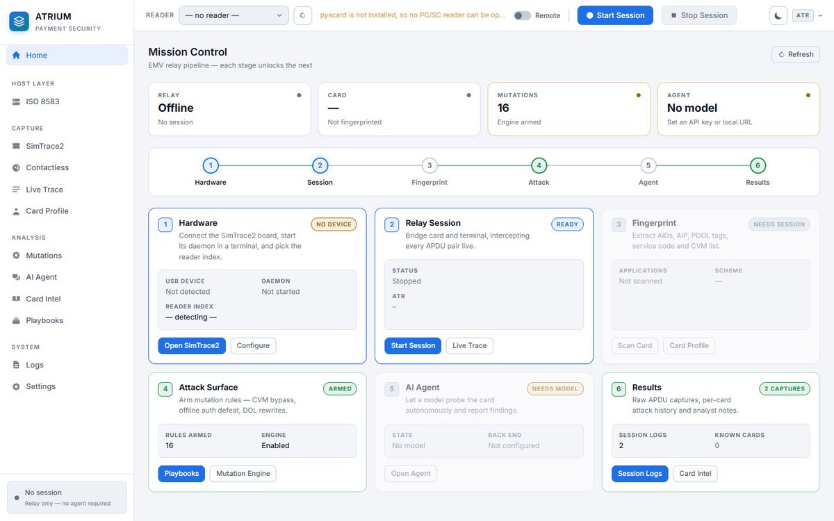 Netxing's tweet photo. I’ve been working on ATRIUM, a research workbench for EMV payment systems.

It helps researchers observe APDUs, fingerprint cards, apply controlled mutations, and analyze contact, contactless, and ISO 8583 behavior.

It’s also used in SM Academy for hands-on payments. https://t.co/czBqMuL3QI