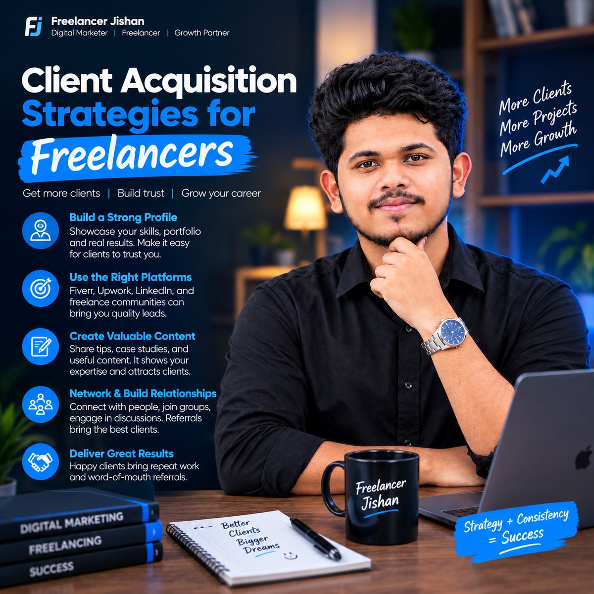rhzisan's tweet photo. Want more freelance clients?

Focus on:

Strong portfolio
Right platforms
 Valuable content
 Networking
 Referrals
 Quality delivery
Strategy + Consistency = Growth 

#Freelancing #ClientAcquisition #DigitalMarketing https://t.co/VuJd1vwodr
