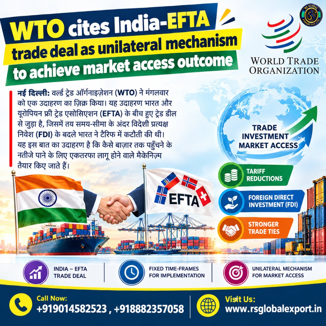 Rajeev17531625's tweet photo. WTO cites India-EFTA trade deal as unilateral mechanism to achieve market access outcome
contact us: +919014582523 , +918882357058
visit us: https://t.co/4dQ55eEy3u
#rsglobalexport #rajeevsaini #WTO #IndiaEFTA #EFTA #IndiaTrade #TradeDeal #FreeTradeAgreement #FTA #MarketAccess https://t.co/u8pQUK69f9