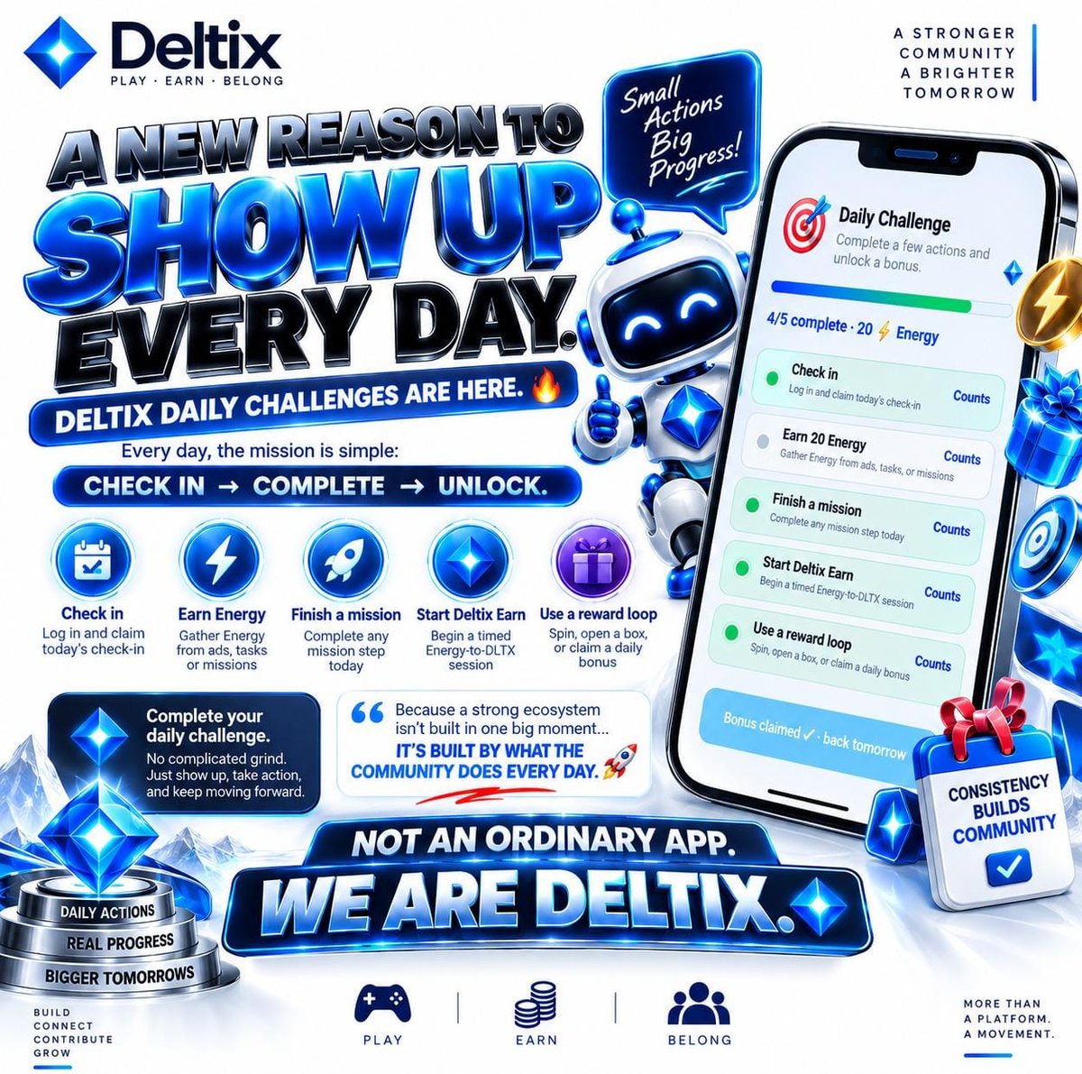 Theminingaudit's tweet photo. 🎯 A NEW REASON TO SHOW UP EVERY DAY.

Deltix Daily Challenges are here. 🔥

Every day, the mission is simple:

CHECK IN → COMPLETE → UNLOCK. ⚡

Earn Energy.
Complete Missions.
Start Deltix Earn.
Use Reward Loops.
Complete your daily challenge. 💎

No complicated grind.
Just show up, take action, and keep moving forward.

Because a strong ecosystem isn’t built in one big moment…

IT’S BUILT BY WHAT THE COMMUNITY DOES EVERY DAY. 🚀

And that’s what makes Deltix different.

“NOT AN ORDINARY APP.

WE ARE DELTIX.” ◆

👀 Today’s challenge is waiting.

#Deltix #DLTX #ANetwork #wANET