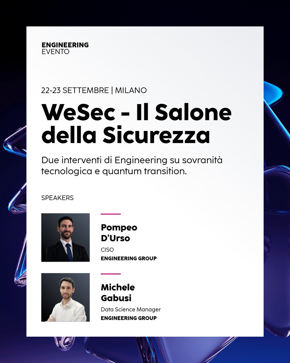 EngineeringSpa's tweet photo. La cybersecurity oggi richiede l'integrazione di tecnologia, governance e innovazione in un ecosistema digitale interconnesso.

Ne parleremo con due talk a WeSec - Il Salone della Sicurezza, l'appuntamento promosso da ABI (Associazione Bancaria Italiana).

https://t.co/AmrXCzjftN https://t.co/y01AyUCYO2