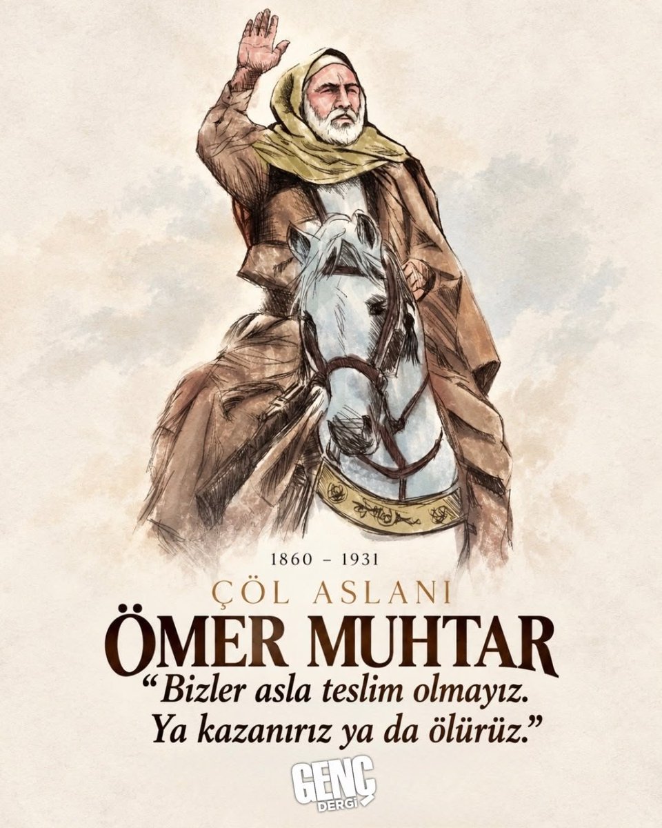 gencdergi's tweet photo. Şehadetinin 95. yılında, Libya direnişinin unutulmaz ismi Ömer Muhtar’ı rahmetle yâd ediyoruz.

🖌 Çizim | @semihtaneri https://t.co/cGkQbtfsfs