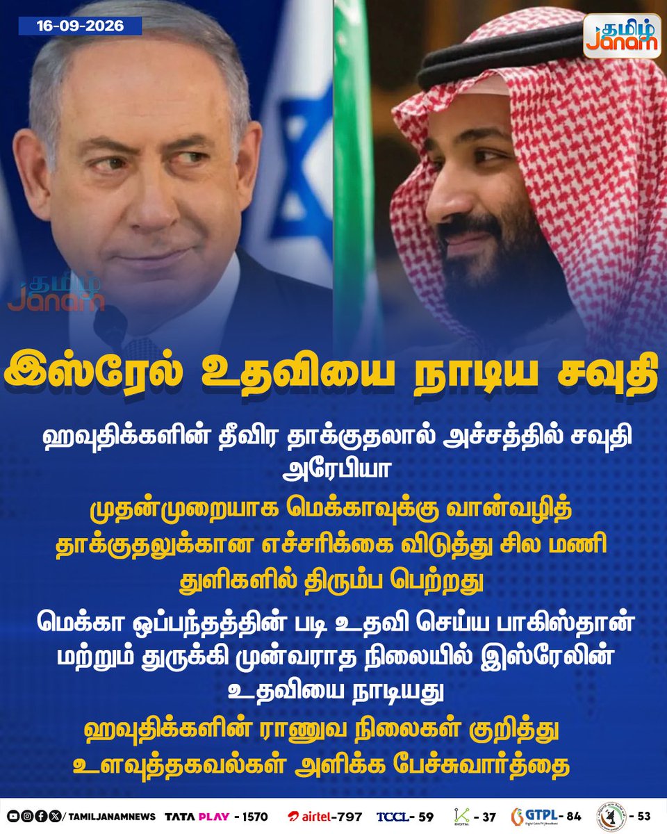 TamilJanamNews's tweet photo. இஸ்ரேல் உதவியை நாடிய சவுதி

#israel | #saudi | #mekka | #pakisthan | #TamilJanam | #newspdate | #war | #army| #navy| #turkey | https://t.co/ucrISCXf5G