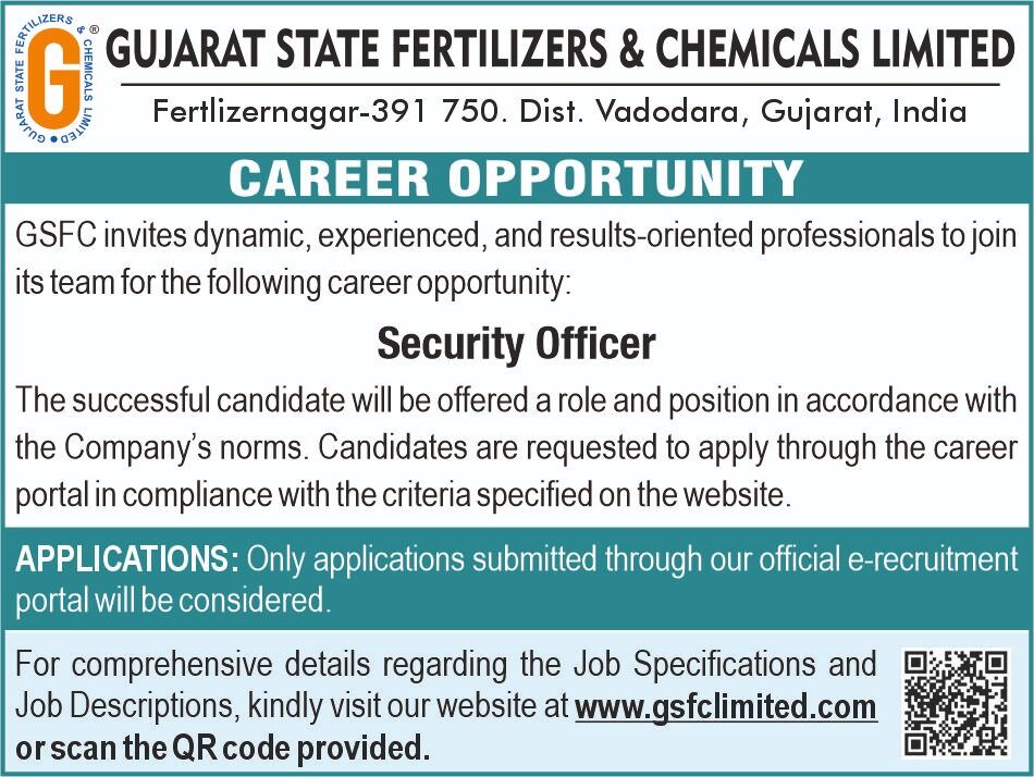 GSFCIndia's tweet photo. 📢 Career Opportunity at GSFC

We're looking for a dynamic, experienced professional to join our team as a Security Officer.

For details and eligibility, visit our website. Applications accepted only through our official e-recruitment portal.

🔗 https://t.co/SqCQgLWsU4

#GSFC #Hiring #JoinGSFC #CareerOpportunity #NowHiring