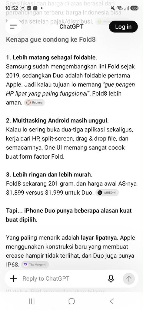 maestrawr's tweet photo. Seliweran mulu di timeline mending Galaxy Z Fold8 atau iPhone Duo jadi penasaran deh mending yang mana?🤷🏻‍♀️

Biar fair, kita tanya aja chatGPT deh buat jawabannya. Kalo dari rangkumannya sih lebih condong ke Galaxy Z Fold8 dari segi value &amp; productivity👀 https://t.co/siCZq0BN9Q