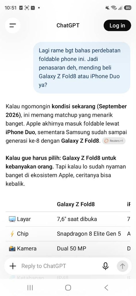 maestrawr's tweet photo. Seliweran mulu di timeline mending Galaxy Z Fold8 atau iPhone Duo jadi penasaran deh mending yang mana?🤷🏻‍♀️

Biar fair, kita tanya aja chatGPT deh buat jawabannya. Kalo dari rangkumannya sih lebih condong ke Galaxy Z Fold8 dari segi value &amp; productivity👀 https://t.co/siCZq0BN9Q