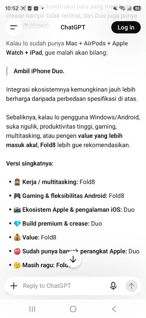 maestrawr's tweet photo. Seliweran mulu di timeline mending Galaxy Z Fold8 atau iPhone Duo jadi penasaran deh mending yang mana?🤷🏻‍♀️

Biar fair, kita tanya aja chatGPT deh buat jawabannya. Kalo dari rangkumannya sih lebih condong ke Galaxy Z Fold8 dari segi value &amp; productivity👀 https://t.co/siCZq0BN9Q