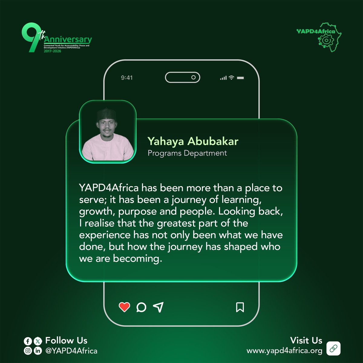 YAPD4Africa's tweet photo. #MyYAPD4AfricaStory from the Programs Department 🌍

Here is what some of our staff are saying about their experience working at #YAPD4Africa as we prepare to celebrate #YAPD4AfricaAt9 🎉

We are proud to have Yahaya as part of the #HumansOfYAPD4Africa 💚 https://t.co/LbhiV6kn8H