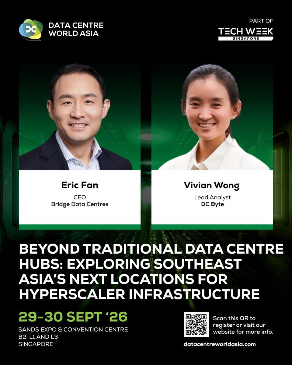 DC_Byte's tweet photo. At #DCWA2026, DC Byte Lead Analyst Vivian Wong joins Eric Fan of Bridge Data Centres to discuss emerging markets including Banting, Korat and Batam.
Meet Vivian and our APAC team at Stand F65:

https://t.co/ndVq8IVtxJ (https://t.co/FCjTzaM3A2) https://t.co/jThvSzTGu8
