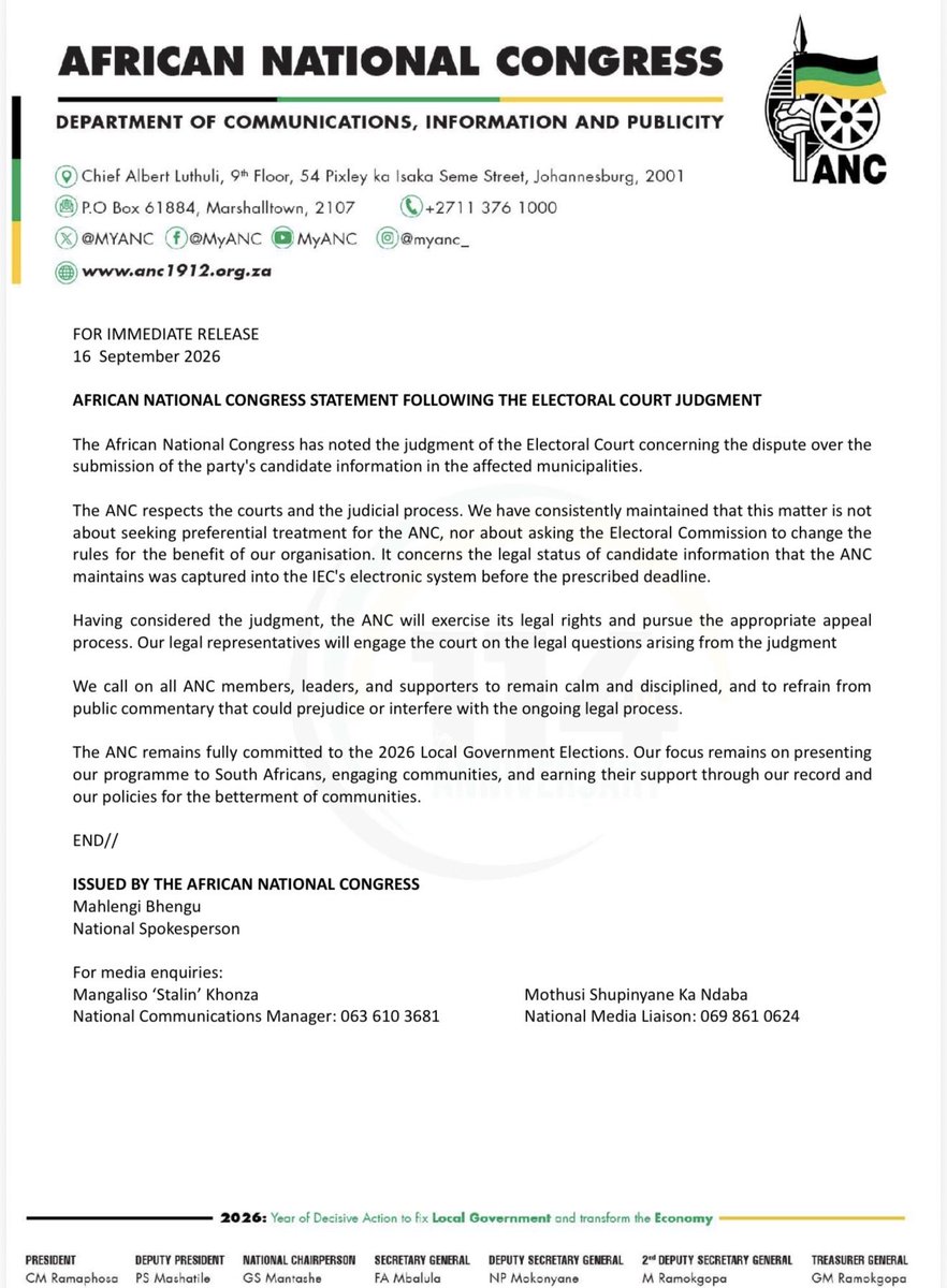 MbalulaFikile's tweet photo. AFRICAN NATIONAL CONGRESS STATEMENT FOLLOWING THE ELECTORAL COURT JUDGMENT https://t.co/Ks4Ftcbtua