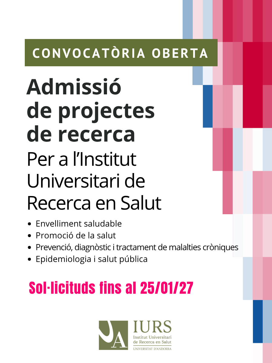 UdAndorra's tweet photo. 🔬 L'Institut Universitari de Recerca en Salut (IURS) obre la primera convocatòria d’admissió de projectes.
👉 La iniciativa s’adreça a personal investigador, universitats, centres de recerca i empreses, tant nacionals com internacionals.
ℹ️ https://t.co/3WP4lgiByU
#recercaUdA https://t.co/4ZSWg6nXhy
