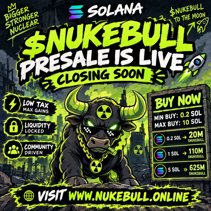 KnowltonGeoff's tweet photo. Don’t miss the $NUKEBULL presale! Limited‑time offer running now.
Presale link: [https://t.co/2X41C04bFv](https://t.co/2X41C04bFv)

Purchase directly from X by sending SOL to:
DNHYLV8276boWCc4QtzaEQiiSikETJKVKWFzahu8QSaF

Min buy: 0.2 SOL ｜ Max buy: 10 SOL
0.2 SOL → 20M $NUKEBULL
1 SOL → 110M $NUKEBULL

Retweet & Like, comment your SOL wallet address for 500,000 $NUKEBULL airdrop.
#Airdrop #eth #Airdrop Claim