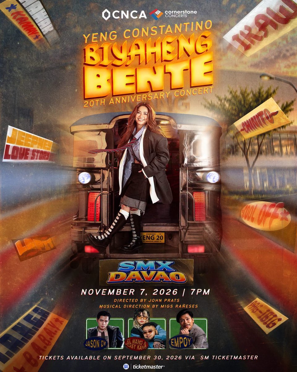 YengPLUGGEDin's tweet photo. DAVAO handa na ba kayong sumama sa biyahe? 💙 

The Biyaheng Bente Concert is making its way to the SMX Convention Center Davao this November 7, 2026 (Saturday)! 🎶 From the songs we grew up with to the ones that became part of our own stories, this is one celebration you definitely won’t want to miss! ✨

🎟️ TICKETS AVAILABLE ON SEPTEMBER 30, 2026 VIA SM TICKETMASTER

Pero teka… hindi lang si Yeng Constantino ang aabangan! 👀 Davao, get ready to see these amazing Artists take the stage with her:

⭐ Jason Dy @jasondy 
⭐ El Manu & Jessy Kang @jessykangg @elmanu_jessykang 
⭐ Empoy @empoy 

Directed by the pogi Direk @johnprats !

#BiyahengBente #YengConstantino #BiyahengBenteDavao #CNCAxYengConstantino #CNCA Cornerstone