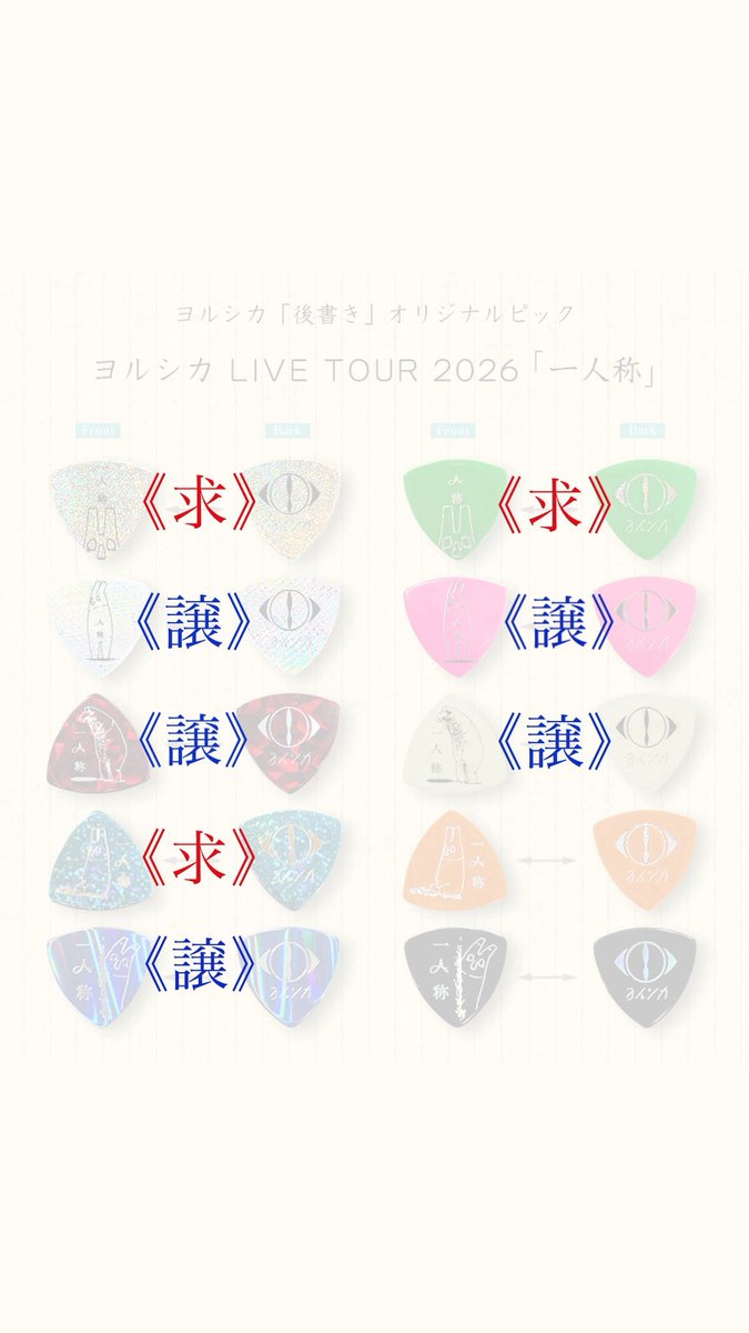 nkms_sis's tweet photo. 交換 ピック ヨルシカ 一人称 ライブ ピック 後書き FC特典 ララアリーナ

《求》は各1のみ求めております
本日現地交換＞後日都内手渡しor郵送

現在ララポートにおりますので、開場時間付近での手渡しになります🙇🏻‍♀️ https://t.co/jxIFoOHzSR